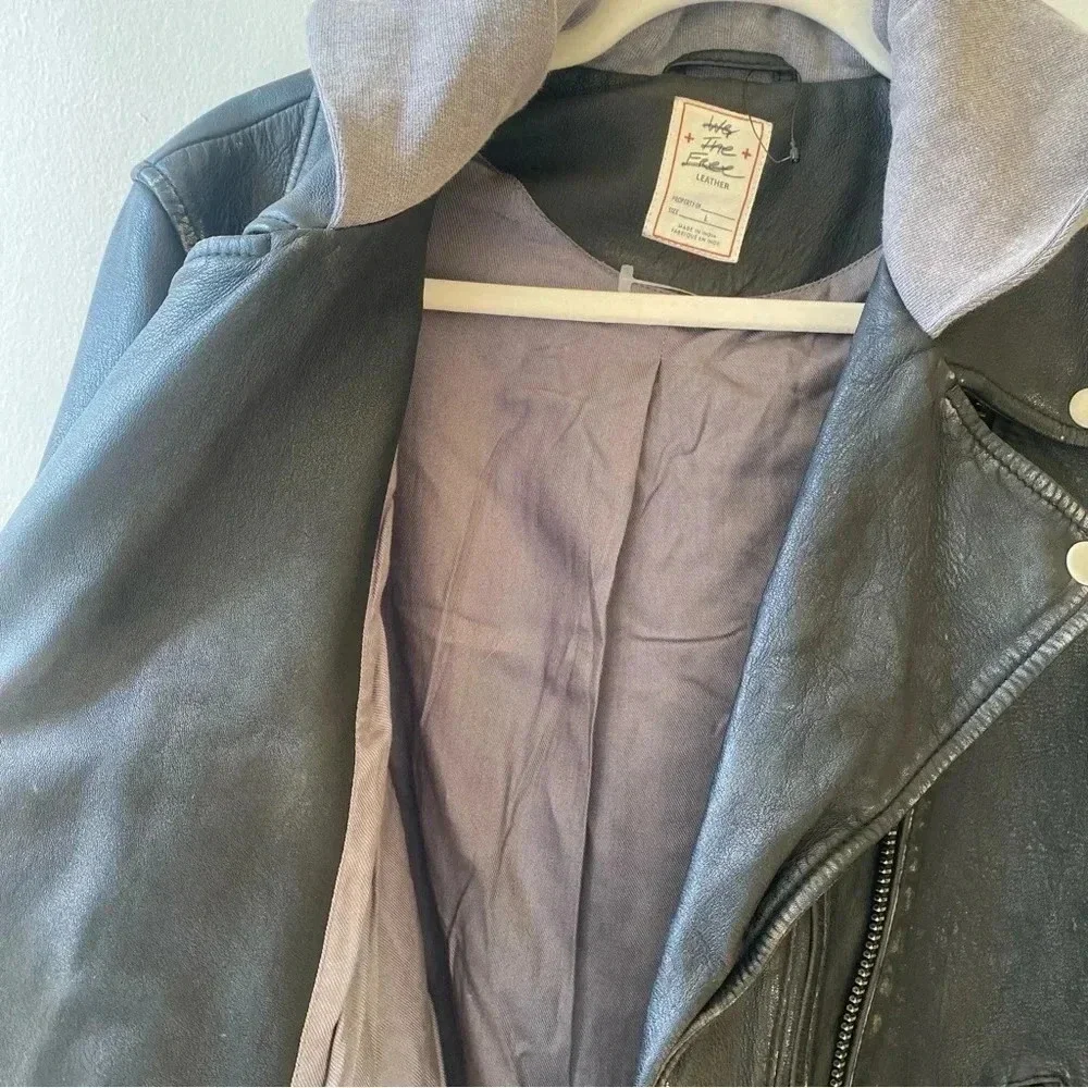NWT Free People Leather Moto Jacket Hooded Black Gray We The Free